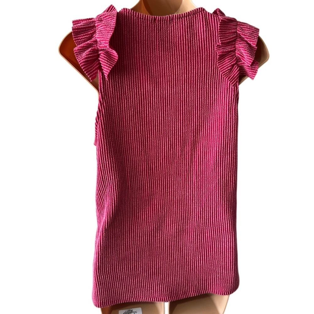 Blue Buttercup Short Sleeve Ruffled Ribbed Red Blouse - Picture 2 of 8